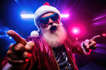 A fiery Christmas party with Santa Claus as a DJ mixing tracks on a DJ mixer. The New Years party is filled with festive mood and fun. a night of fun.の素材