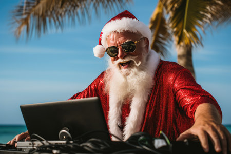 A fiery Christmas party with Santa Claus as a DJ mixing tracks on a DJ mixer. The New Years party is filled with festive mood and fun. a night of fun.の素材