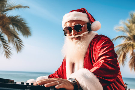 A fiery Christmas party with Santa Claus as a DJ mixing tracks on a DJ mixer. The New Years party is filled with festive mood and fun. a night of fun.の素材