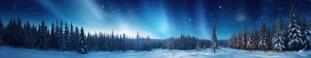 Amazing snowy winter landscape. Winter landscape with snow-covered pine trees and northern lights (northern lights). Polar Lights. Creative image of wild nature.の素材