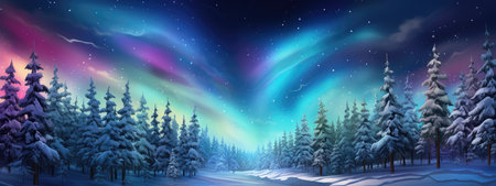Amazing snowy winter landscape. Winter landscape with snow-covered pine trees and northern lights (northern lights). Polar Lights. Creative image of wild nature.の素材