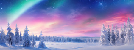 Amazing snowy winter landscape. Winter landscape with snow-covered pine trees and northern lights (northern lights). Polar Lights. Creative image of wild nature.の素材