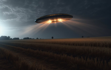 A Majestic UFO Soaring Above a Vast, Serene Fieldの素材