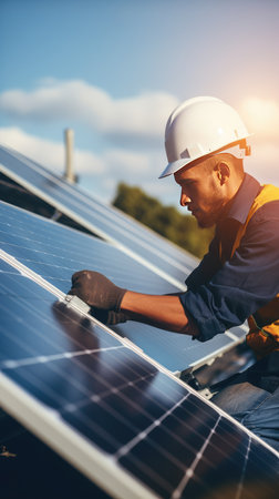 Working in the Sun: A Man in an Orange Safety Vest Repairing a Solar Panelの素材