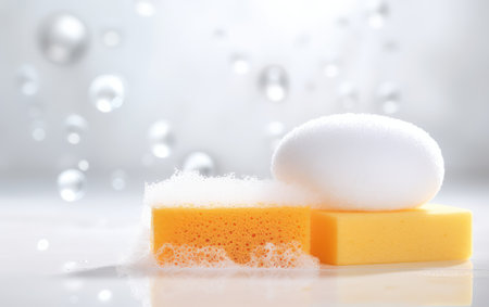 A pair of multi-colored sponges lying on a clean background.の素材