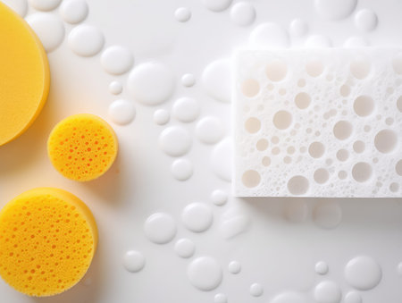 A pair of multi-colored sponges lying on a clean background.の素材