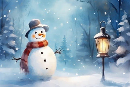 A Charming Snowman with a Festive Blue Hat and Scarfの素材