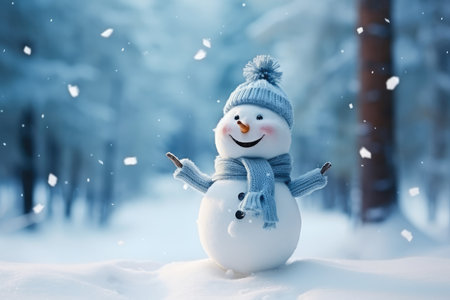 A Charming Snowman with a Festive Blue Hat and Scarfの素材