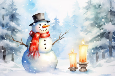 A Charming Snowman with a Festive Blue Hat and Scarfの素材