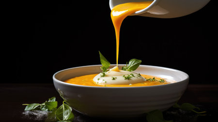 Pouring Warm Pumpkin Soup into a Ceramic Bowl with Steam Risingの素材