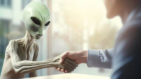 An Unexpected Encounter: Human and Alien Greet Each Other with a Handshakeの素材