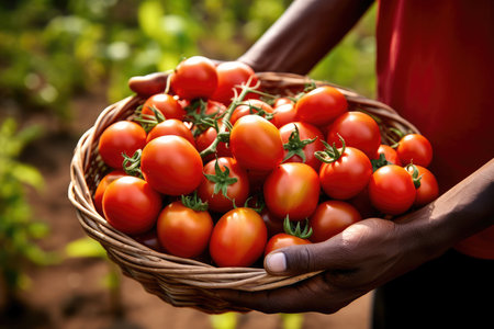 Tomato Harvest: A Person Holding a Basket Full of Tomatoesの素材