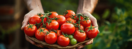 Tomato Harvest: A Person Holding a Basket Full of Tomatoesの素材