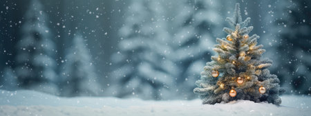 A Winter Wonderland: Snowy Scene with Christmas Trees and Twinkling Lightsの素材