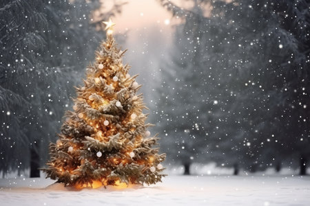 A Winter Wonderland: Snowy Scene with Christmas Trees and Twinkling Lightsの素材