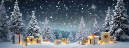 A Winter Wonderland: Snowy Scene with Christmas Trees and Twinkling Lightsの素材
