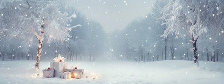 A Winter Wonderland: Snowy Scene with Christmas Trees and Twinkling Lightsの素材