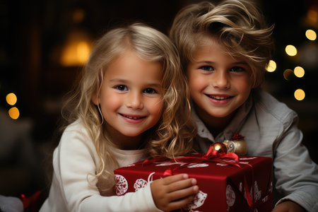 Happy little kids with a festive red and white Christmas giftの素材