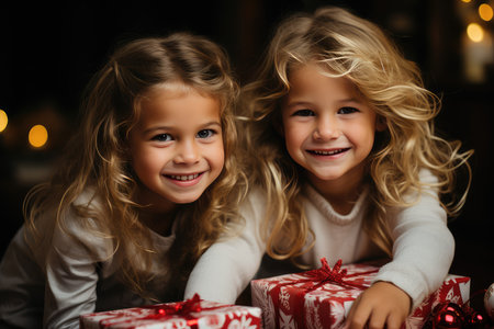 Happy little kids with a festive red and white Christmas giftの素材