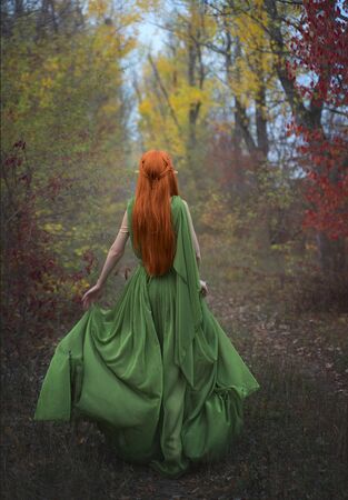 A long-haired red-haired elf girl runs away into the distance through the misty autumn forest. A fairy woman with long hair in a medieval dress.の写真素材