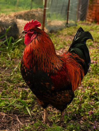 Red rooster in the countryside in the grass.