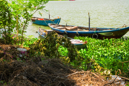 Fishing boats on the bankの写真素材