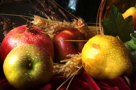 Wet fruit in droplets of water, part of still life.の写真素材