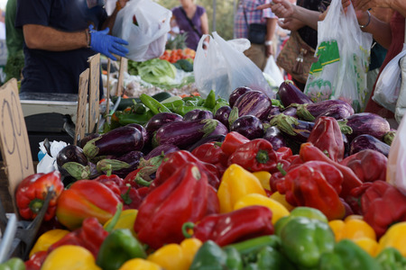 Fresh vegetables of bright colors on the counter in the vegetable market.の写真素材