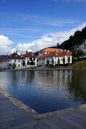 Travel to Norway, a small pool and a bright house on the other side of the city of Bergen.の写真素材