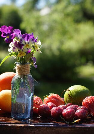 A bunch of purple flowers on a table in the garden on a sunny summer day, near fruits and berries.の写真素材