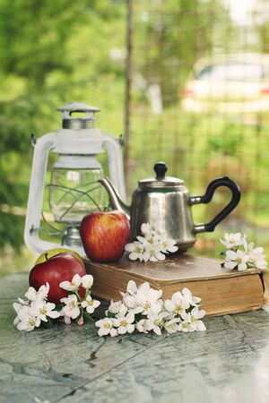 Still life with apples, a teapot and delicate flowers on the table on a spring day.の写真素材