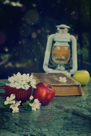 Still life with a lantern, red and yellow apples and a large book on a green marble table, soon to school.の写真素材