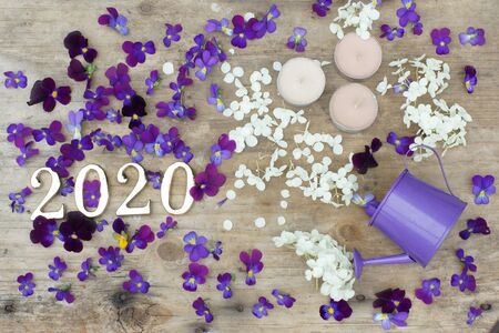Digits 2020 on a wooden background next to purple pansies and white hydrangea flowers.の写真素材