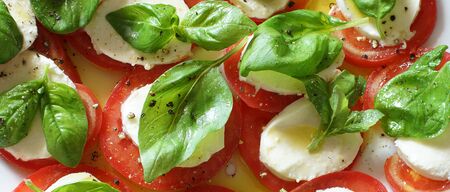 Top view on close panorama with caprese salad, white mozzarella, red tomatoes and green basil leaves.の写真素材