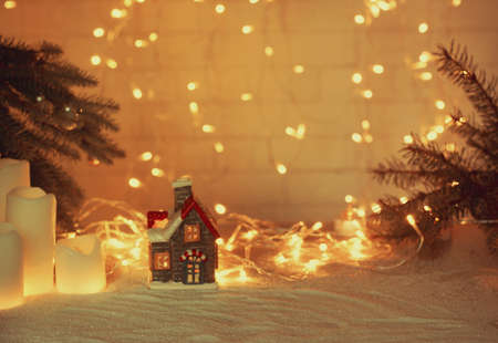 Blurred background for new year and christmas collage with glowing garland and holiday attributes ..の写真素材