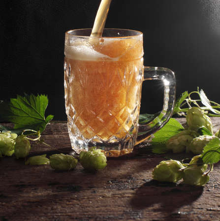 Beer is pouring into a glass mug, black background and hop plants nearby.の写真素材