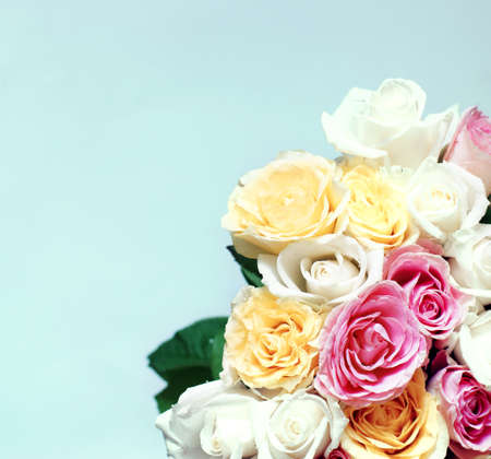 A large bouquet of many beautiful multicolored roses on a light blue backgroundの写真素材