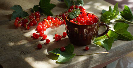 A brown mug with bright red currant berries stands on a blackboard.の写真素材