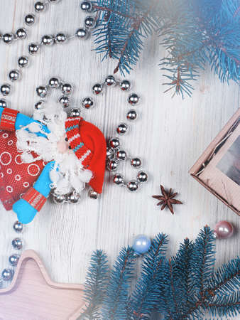 Layout with New Year and Christmas decorations in blue tones.の写真素材