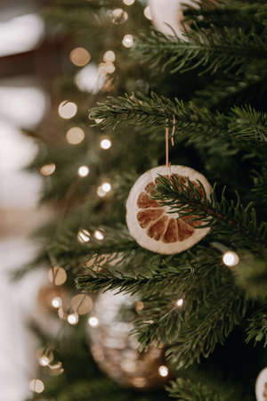 Natural decoration for a Christmas tree on one of the branches close-upの写真素材