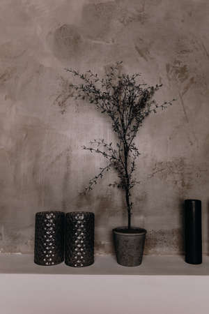Unusual bathroom decor element in the form of a flowerpot and vasesの写真素材