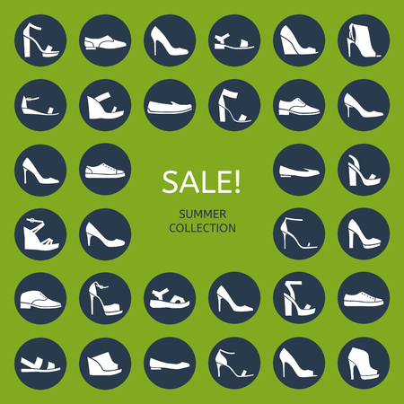 Shoes for all occasions: shoes, sandals, sneakers, boots. Vector flat colorful icon setのイラスト素材