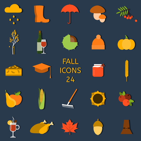 Collection of Autumn Icons - fall symbols, activities, holidays, nature.のイラスト素材