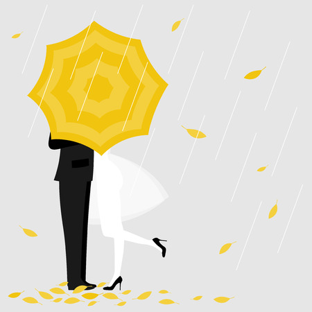 Man and a woman under yellow umbrella.のイラスト素材