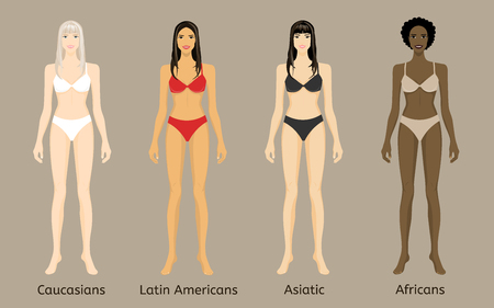 Figure four young women in lingerie isolated. Caucasian, Asian, African and Latin American. The template for your designのイラスト素材