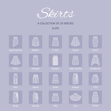 Types of fashion skirts. Collection of line icons. Vector illustrationのイラスト素材