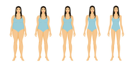 Fat and slim girl. Woman body before and after weight loss, diet and fitnessのイラスト素材