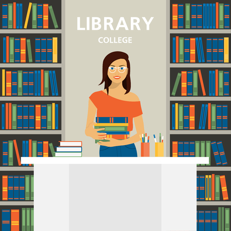 Girl employee of college library. A young woman stands behind a table on the background of bookshelvesのイラスト素材