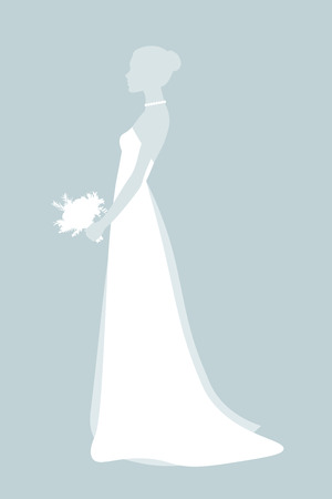 Silhouette of a young bride on a light background. A female figure in a white dress. Profile of the girlのイラスト素材