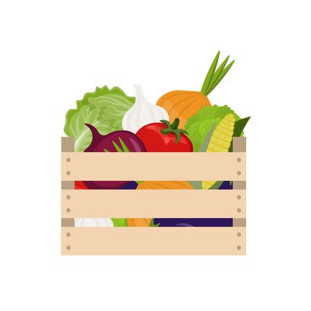 Wooden box with fresh vegetables on white background. The harvest festival. Healthy diet. Vector illustration in flat style.のイラスト素材